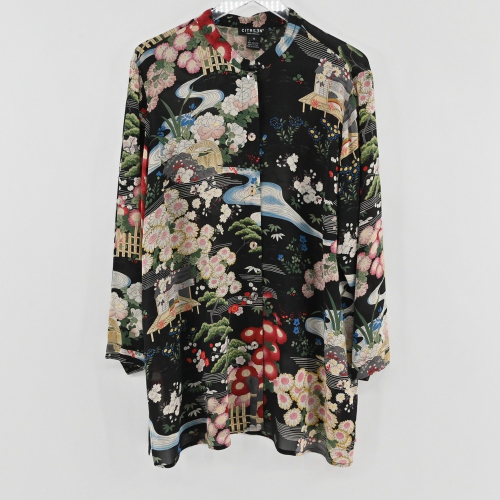 Citron Santa Monica Silk Floral Asian Tunic Blouse Womens Size 1X Cherry Blossom